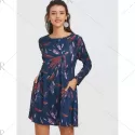 Long Sleeve Feather Print A-line Dress - Cadetblue