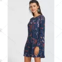 Long Sleeve Feather Print A-line Dress - Cadetblue