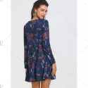 Long Sleeve Feather Print A-line Dress - Cadetblue