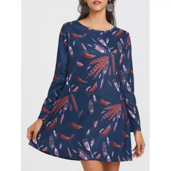 Long Sleeve Feather Print A-line Dress - Cadetblue