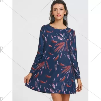 Long Sleeve Feather Print A-line Dress - Cadetblue