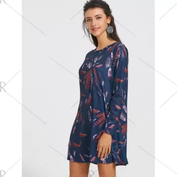 Long Sleeve Feather Print A-line Dress - Cadetblue