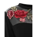 Long Sleeve Floral Embroidered T-shirt - Black