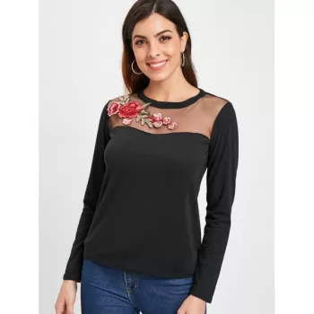 Long Sleeve Floral Embroidered T-shirt - Black