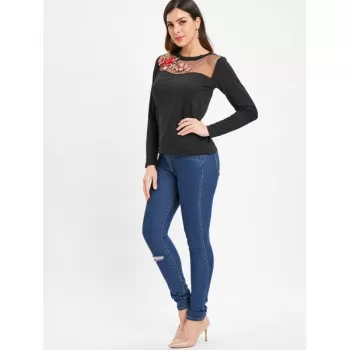 Long Sleeve Floral Embroidered T-shirt - Black