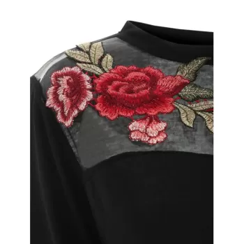 Long Sleeve Floral Embroidered T-shirt - Black
