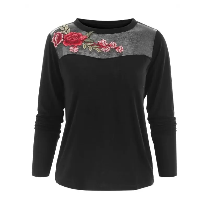 Long Sleeve Floral Embroidered T-shirt - Black