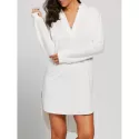 Long Sleeve High Low V Neck Dress - White One