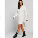 Long Sleeve High Low V Neck Dress - White One