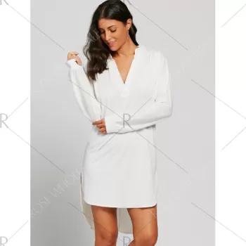 Long Sleeve High Low V Neck Dress - White One