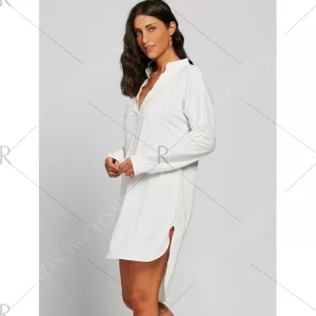 Long Sleeve High Low V Neck Dress - White One