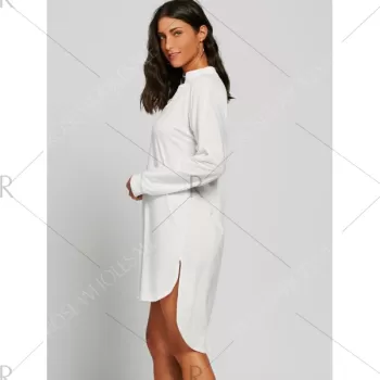 Long Sleeve High Low V Neck Dress - White One