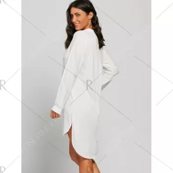 Long Sleeve High Low V Neck Dress - White One