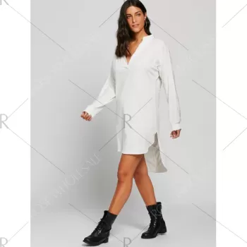 Long Sleeve High Low V Neck Dress - White One