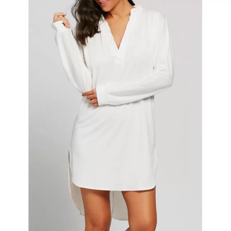 Long Sleeve High Low V Neck Dress - White One