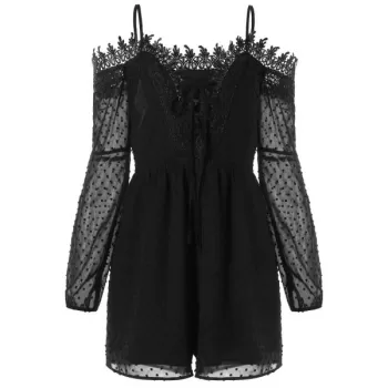 ong Sleeve High Waist Polka Dot Romper - Black