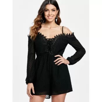 ong Sleeve High Waist Polka Dot Romper - Black