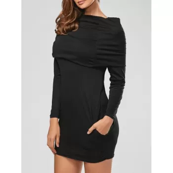Long Sleeve Hoodie Sweatshirt Dress - Black