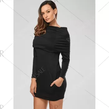 Long Sleeve Hoodie Sweatshirt Dress - Black