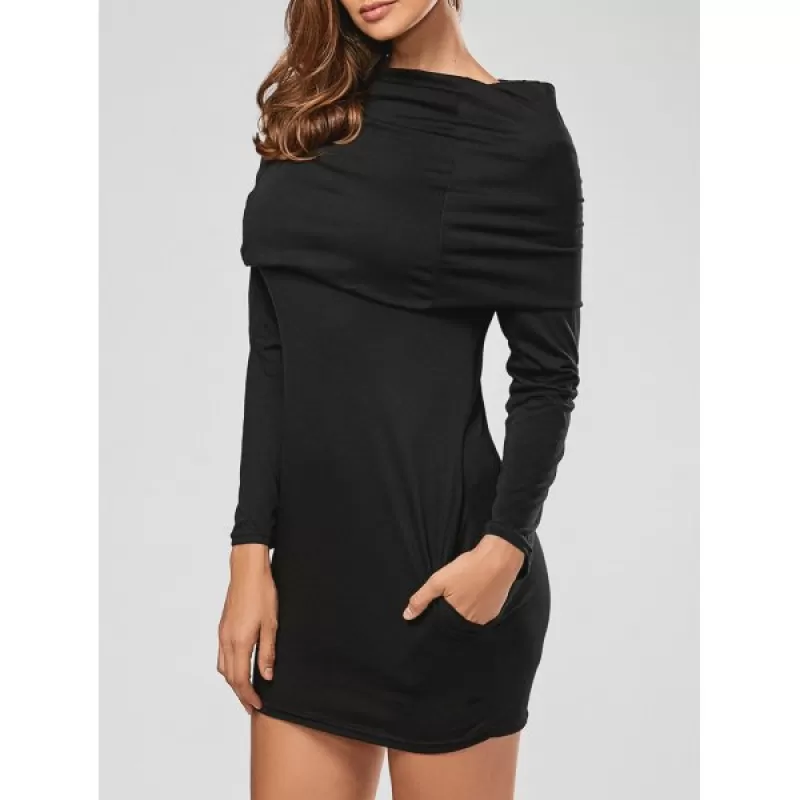 Long Sleeve Hoodie Sweatshirt Dress - Black