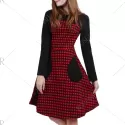 Long Sleeve Knee Length Plaid Dress - Red