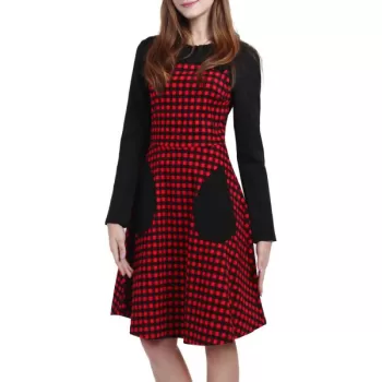 Long Sleeve Knee Length Plaid Dress - Red