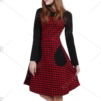 Long Sleeve Knee Length Plaid Dress - Red