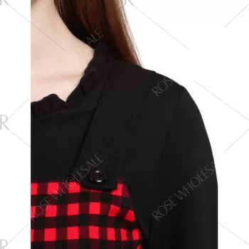 Long Sleeve Knee Length Plaid Dress - Red