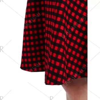 Long Sleeve Knee Length Plaid Dress - Red
