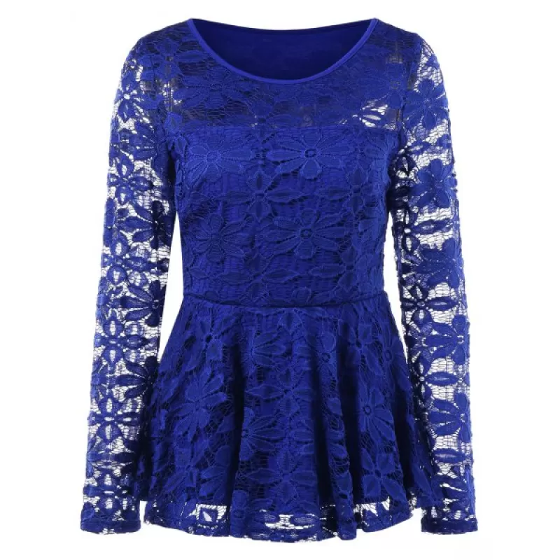 Long Sleeve Lace Skirted Blouse - Royal Blue