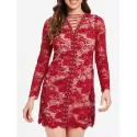 Long leeve Lacing Front Lace Dress - Red Wine