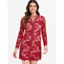 Long leeve Lacing Front Lace Dress - Red Wine