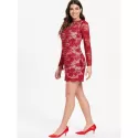 Long leeve Lacing Front Lace Dress - Red Wine