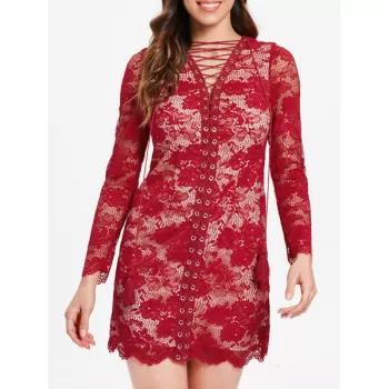 Long leeve Lacing Front Lace Dress - Red Wine