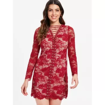 Long leeve Lacing Front Lace Dress - Red Wine