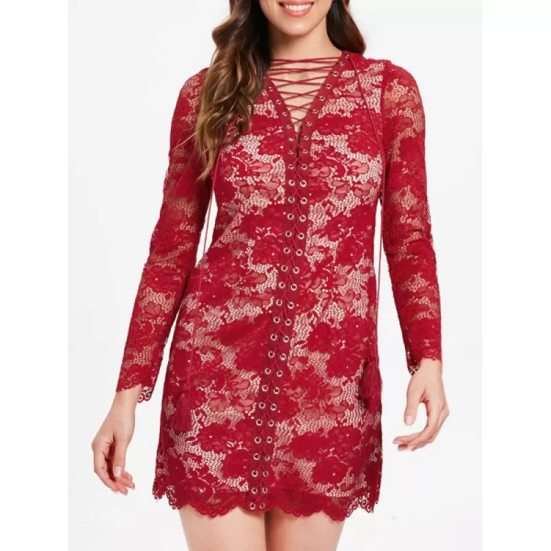 Long leeve Lacing Front Lace Dress - Red Wine