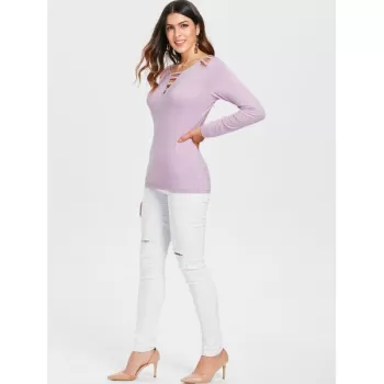 Long Sleeve Ladder Cut Out Tee - Mauve