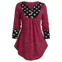 Long Sleeve Polka Dot Panel Button T Shirt - Rose Red