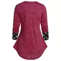 Long Sleeve Polka Dot Panel Button T Shirt - Rose Red