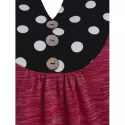 Long Sleeve Polka Dot Panel Button T Shirt - Rose Red
