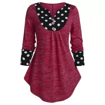 Long Sleeve Polka Dot Panel Button T Shirt - Rose Red