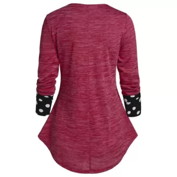 Long Sleeve Polka Dot Panel Button T Shirt - Rose Red
