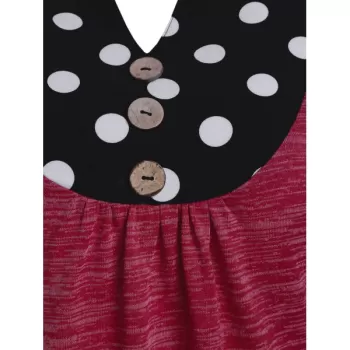Long Sleeve Polka Dot Panel Button T Shirt - Rose Red