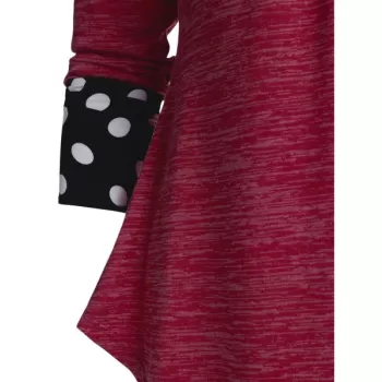 Long Sleeve Polka Dot Panel Button T Shirt - Rose Red