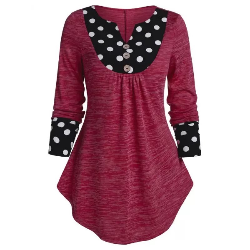 Long Sleeve Polka Dot Panel Button T Shirt - Rose Red