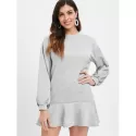 Long Sleeve Ruffled Trim Dress - Light Gray