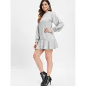 Long Sleeve Ruffled Trim Dress - Light Gray