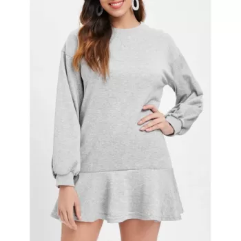 Long Sleeve Ruffled Trim Dress - Light Gray