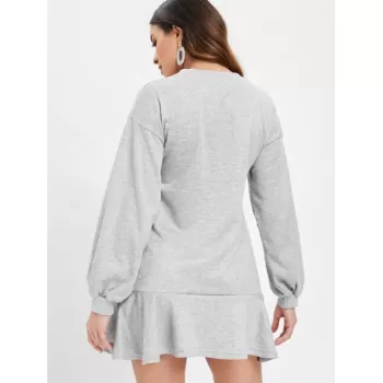 Long Sleeve Ruffled Trim Dress - Light Gray