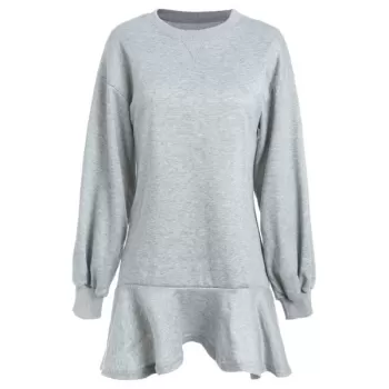 Long Sleeve Ruffled Trim Dress - Light Gray